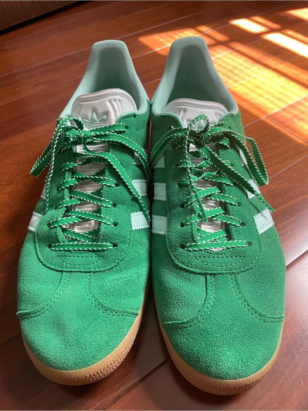 adidas Green Suede Sneakers with White Stripes and Gum Sole - Picture 2 of 6